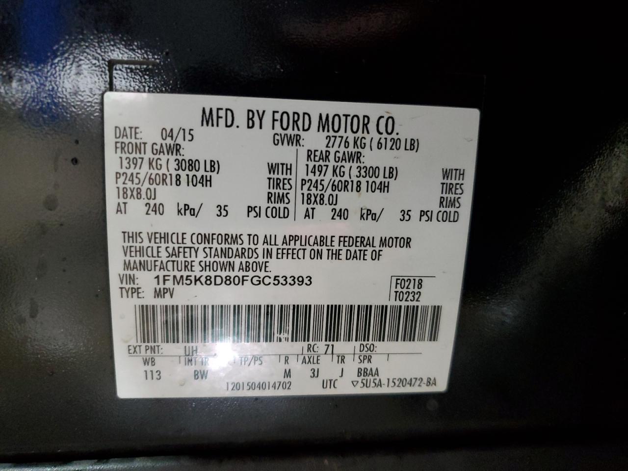 2015 Ford Explorer VIN 1FM5K8D80FGC53393 Copart auction photo, front end / undercarriage damage thumbnail 14