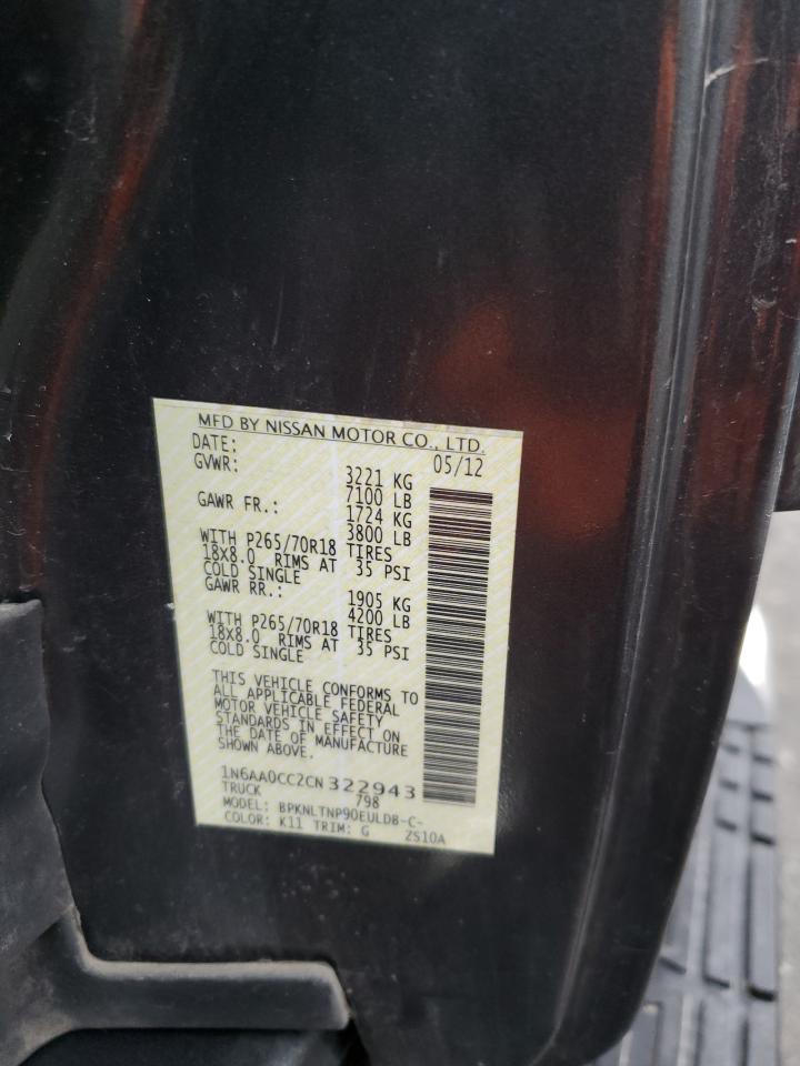 2012 Nissan Titan VIN 1N6AA0CC2CN322943 Copart auction photo, front end damage thumbnail 12