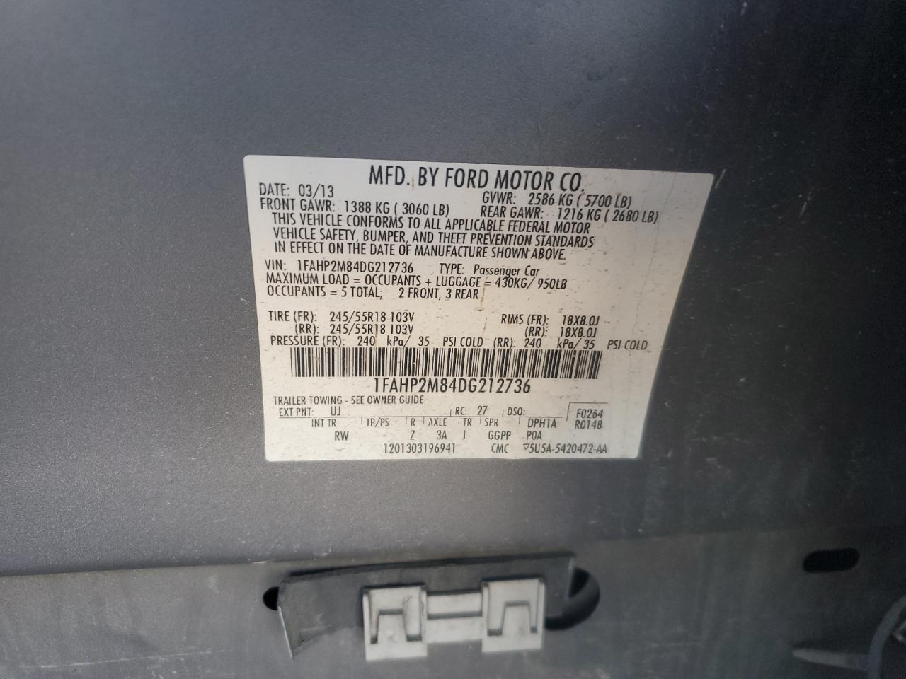 2013 Ford Taurus VIN 1FAHP2M84DG212736 Copart auction photo, front end / minor dent/scratches damage thumbnail 12
