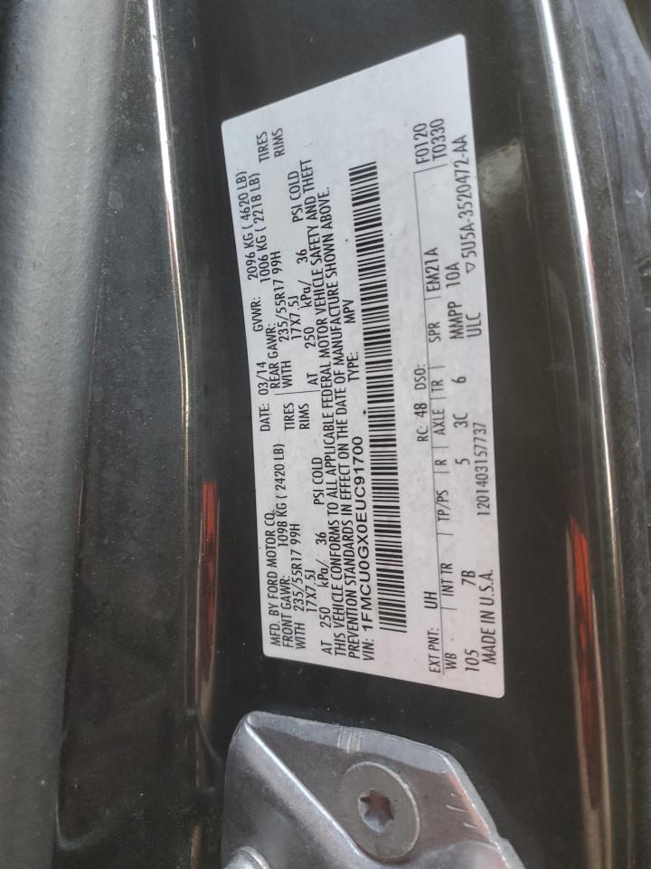 2014 Ford Escape VIN 1FMCU0GX0EUC91700 Copart auction photo, burn - interior / burn - engine damage thumbnail 14