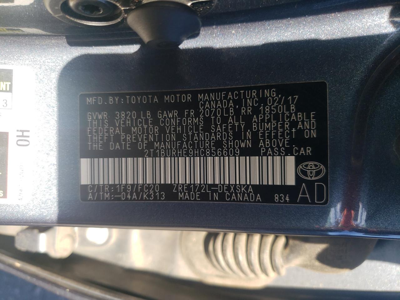 2017 Toyota Corolla VIN 2T1BURHE9HC856609 Copart auction photo, front end damage thumbnail 14