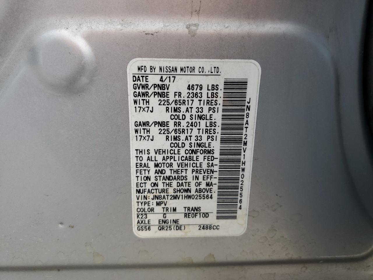 2017 Nissan Rogue VIN JN8AT2MV1HW025564 Copart auction photo, rear end damage thumbnail 13