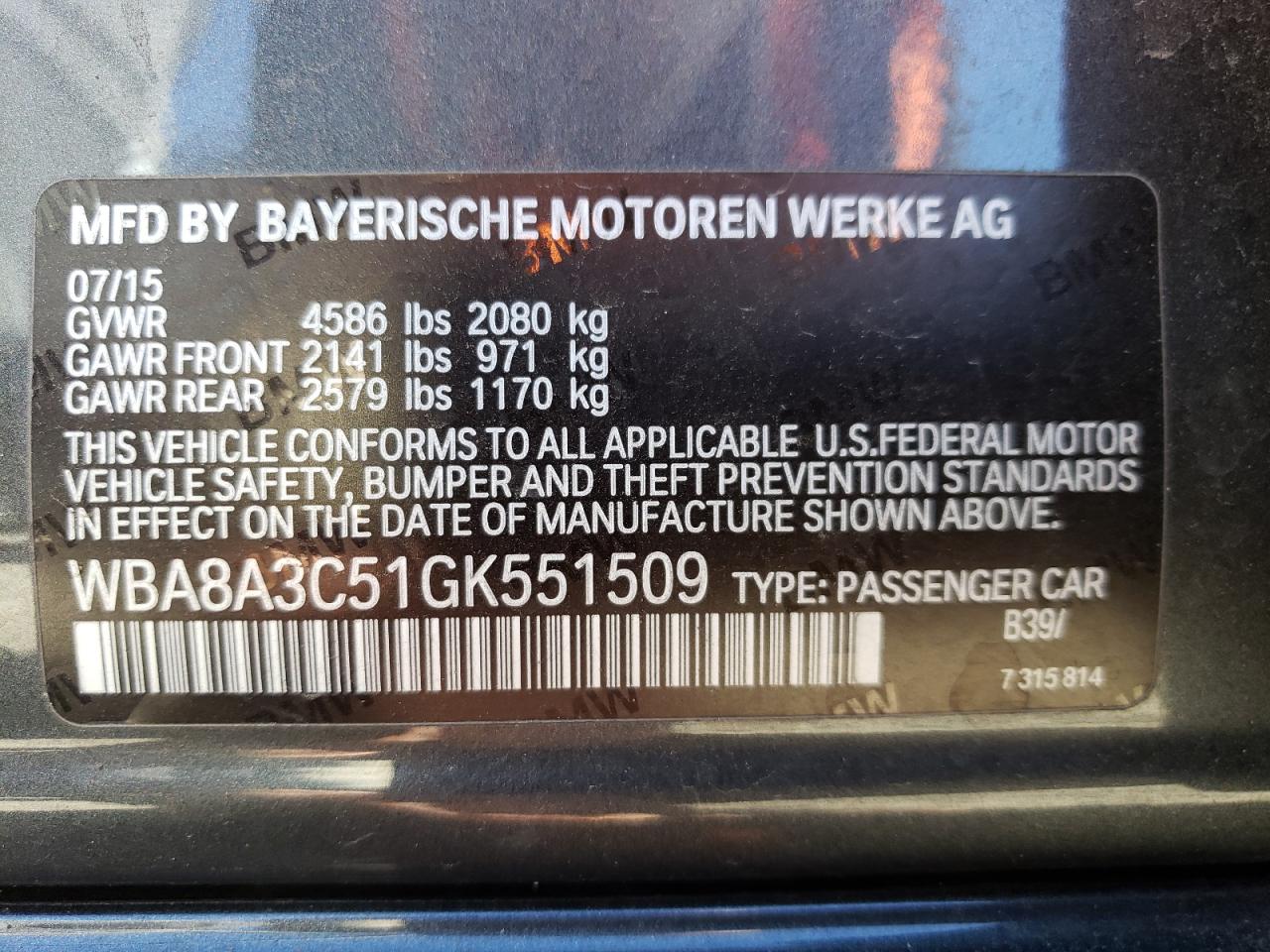 2016 BMW 3er VIN WBA8A3C51GK551509 Copart auction photo, front end / rear end damage thumbnail 12
