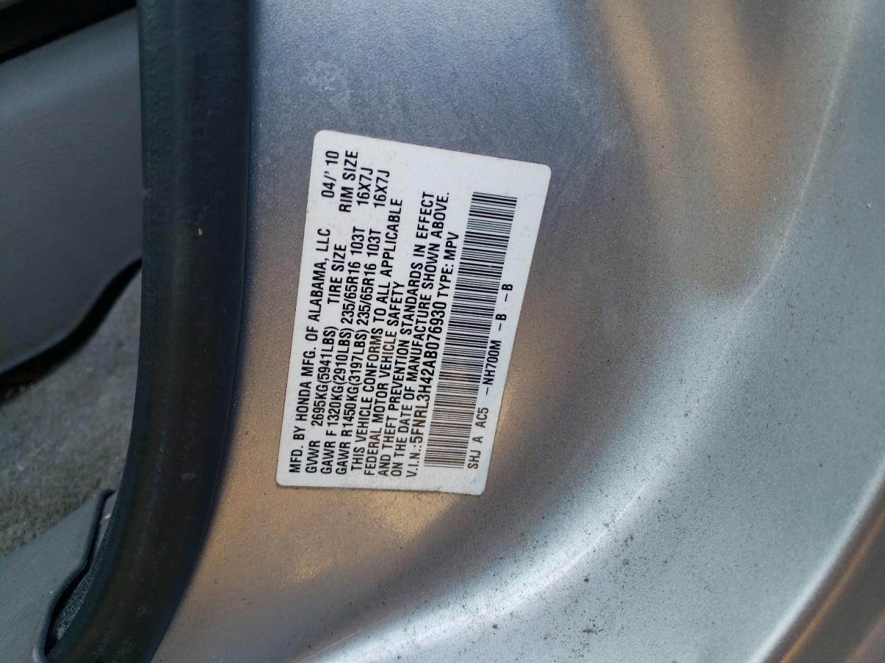 2010 Honda Odyssey VIN 5FNRL3H42AB076930 Copart auction photo, front end / rear end damage thumbnail 13