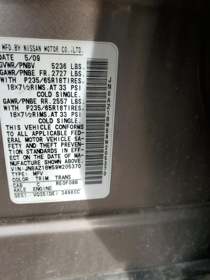 2009 Nissan Murano VIN JN8AZ18W59W205370 Copart auction photo, side / undercarriage damage thumbnail 15