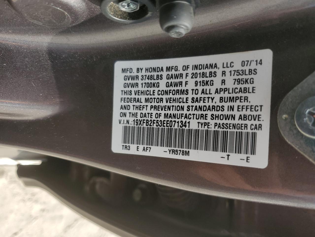 2014 Honda Civic VIN 19XFB2F53EE071341 Copart auction photo, front end damage thumbnail 12