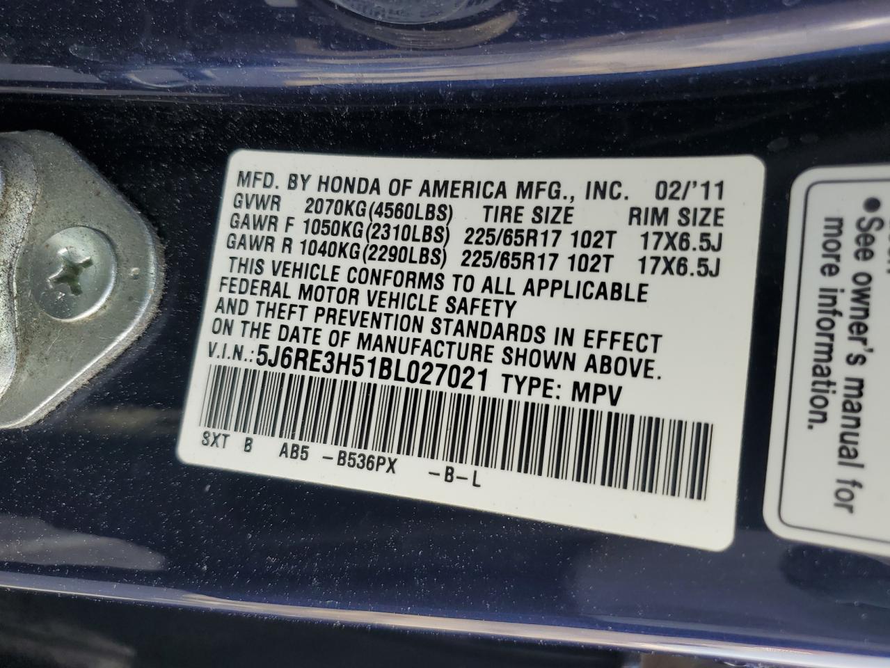 2011 Honda CR-V VIN 5J6RE3H51BL027021 Copart auction photo, rear end / front end damage thumbnail 13