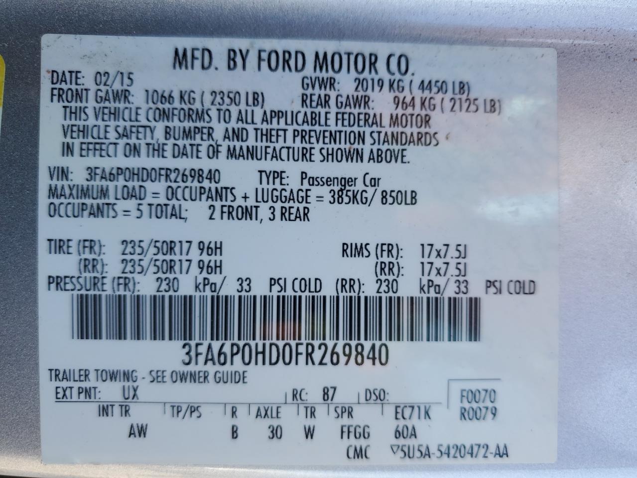 2015 Ford Fusion VIN 3FA6P0HD0FR269840 Copart auction photo, minor dent/scratches damage thumbnail 12