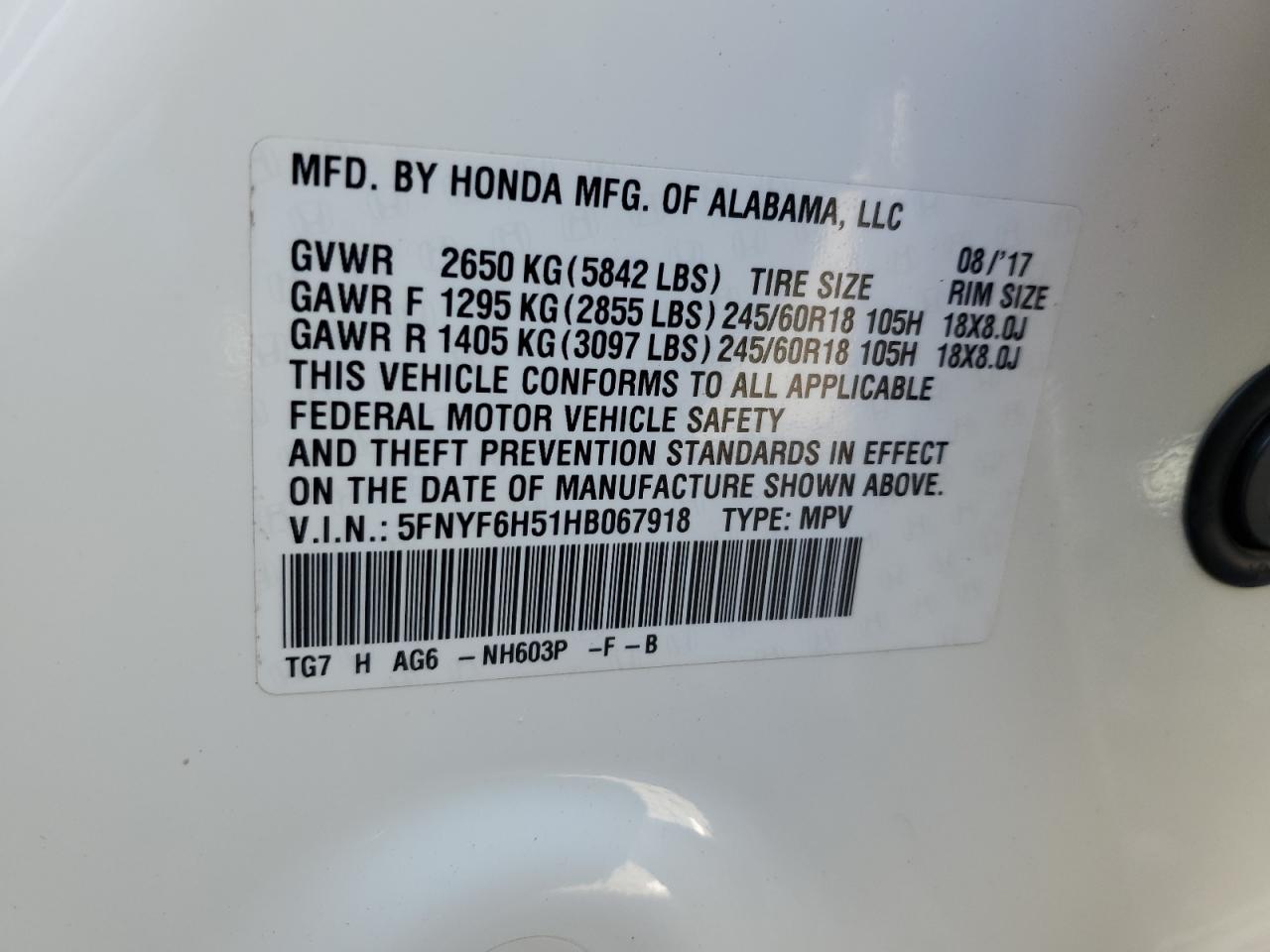 2017 Honda Pilot VIN 5FNYF6H51HB067918 Copart auction photo, rear end / side damage thumbnail 14