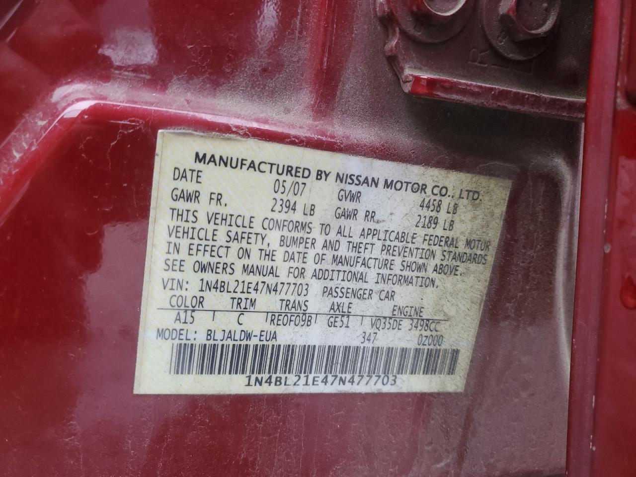 2007 Nissan Altima VIN 1N4BL21E47N477703 Copart auction photo, front end damage thumbnail 12