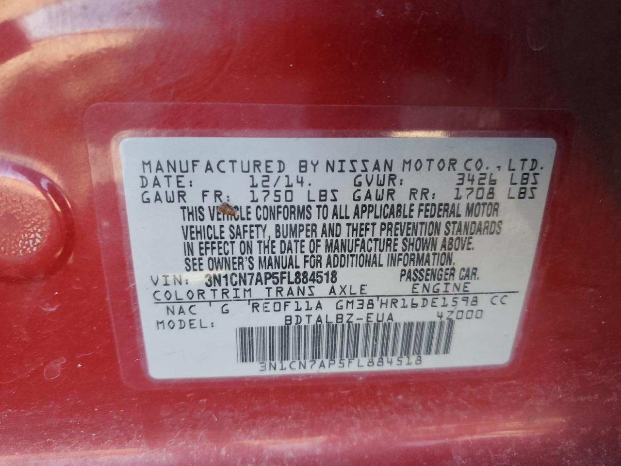 2015 Nissan Versa VIN 3N1CN7AP5FL884518 Copart auction photo, front end / side damage thumbnail 12