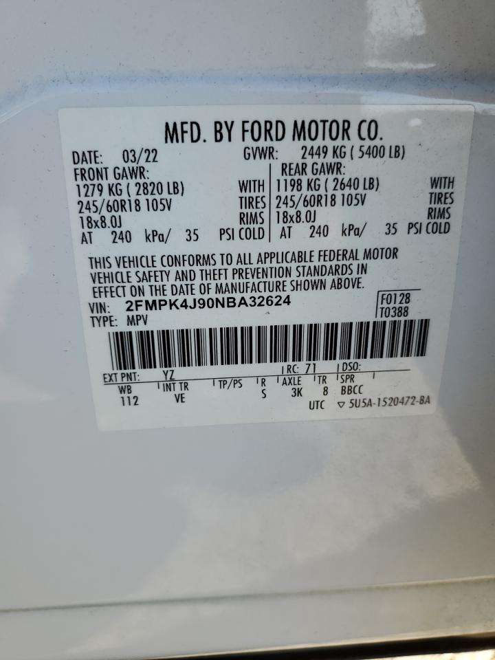 2022 Ford Edge VIN 2FMPK4J90NBA32624 Copart auction photo, rear end damage thumbnail 14