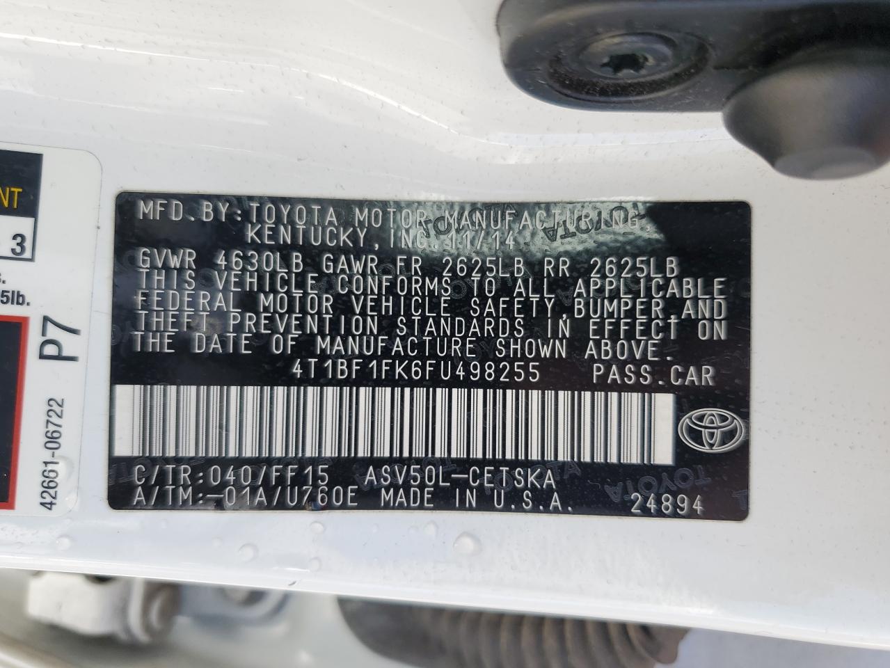 2015 Toyota Camry VIN 4T1BF1FK6FU498255 Copart auction photo, front end damage thumbnail 12