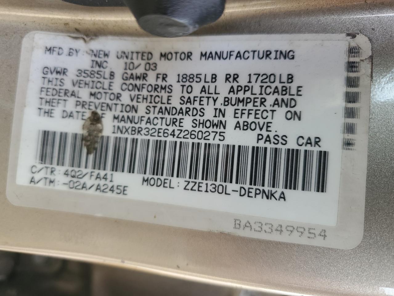 2004 Toyota Corolla VIN 1NXBR32E64Z260275 Copart auction photo, all over damage thumbnail 12