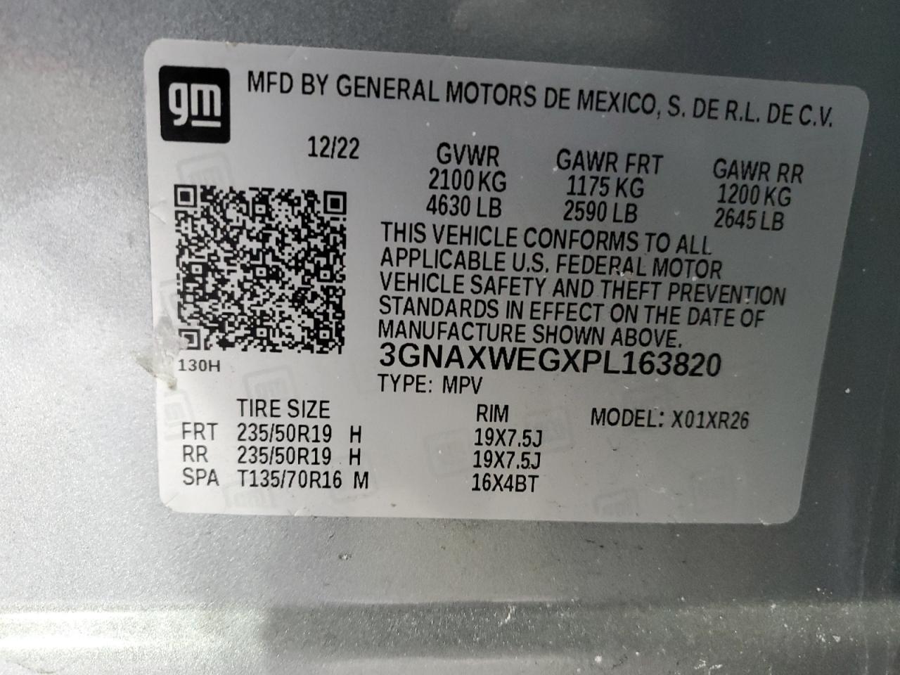 2023 Chevrolet Equinox VIN 3GNAXWEGXPL163820 Copart auction photo, front end damage thumbnail 13