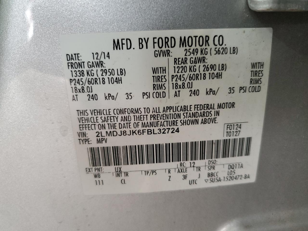 2015 Lincoln MKX VIN 2LMDJ8JK6FBL32724 Copart auction photo, rear end / minor dent/scratches damage thumbnail 13