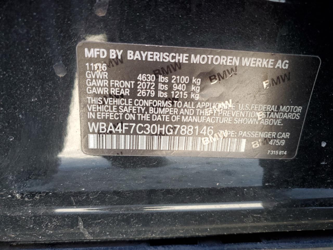 2017 BMW 4er VIN WBA4F7C30HG788146 Copart auction photo, all over damage thumbnail 12