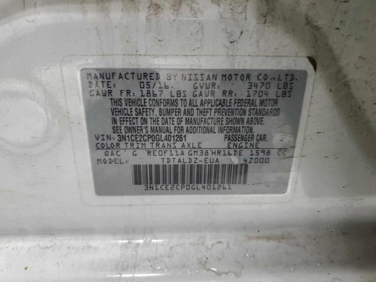 2016 Nissan Versa VIN 3N1CE2CP0GL401261 Copart auction photo, front end damage thumbnail 15