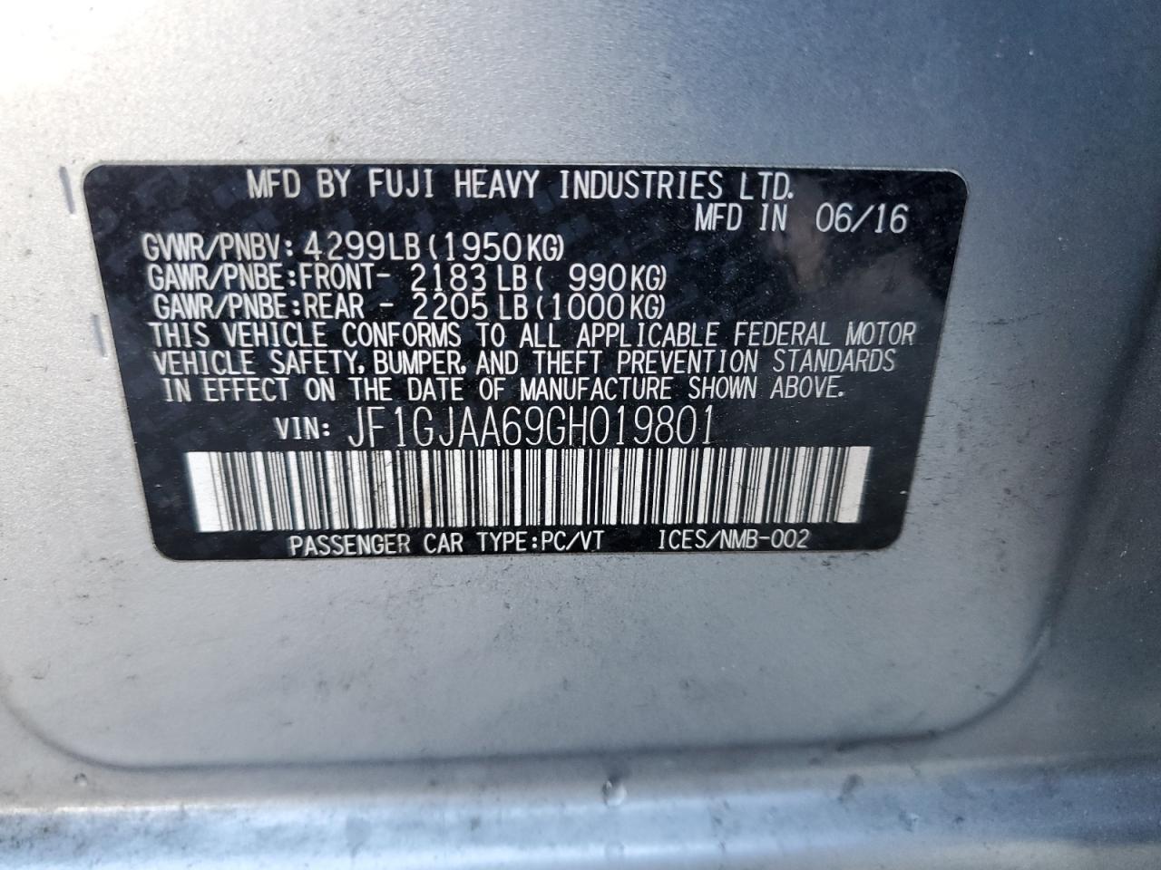 2016 Subaru Impreza VIN JF1GJAA69GH019801 Copart auction photo, front end damage thumbnail 12
