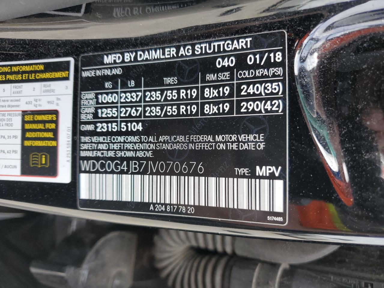 2018 Mercedes-Benz GLC VIN WDC0G4JB7JV070676 Copart auction photo, front end / side damage thumbnail 13