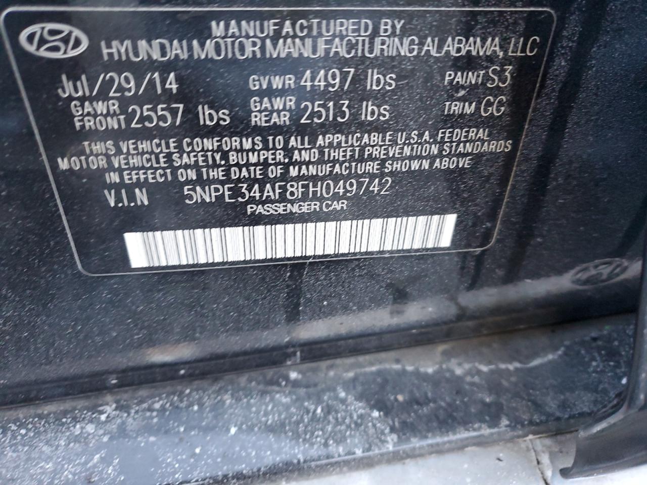 2015 Hyundai Sonata VIN 5NPE34AF8FH049742 Copart auction photo, vandalism / minor dent/scratches damage thumbnail 12