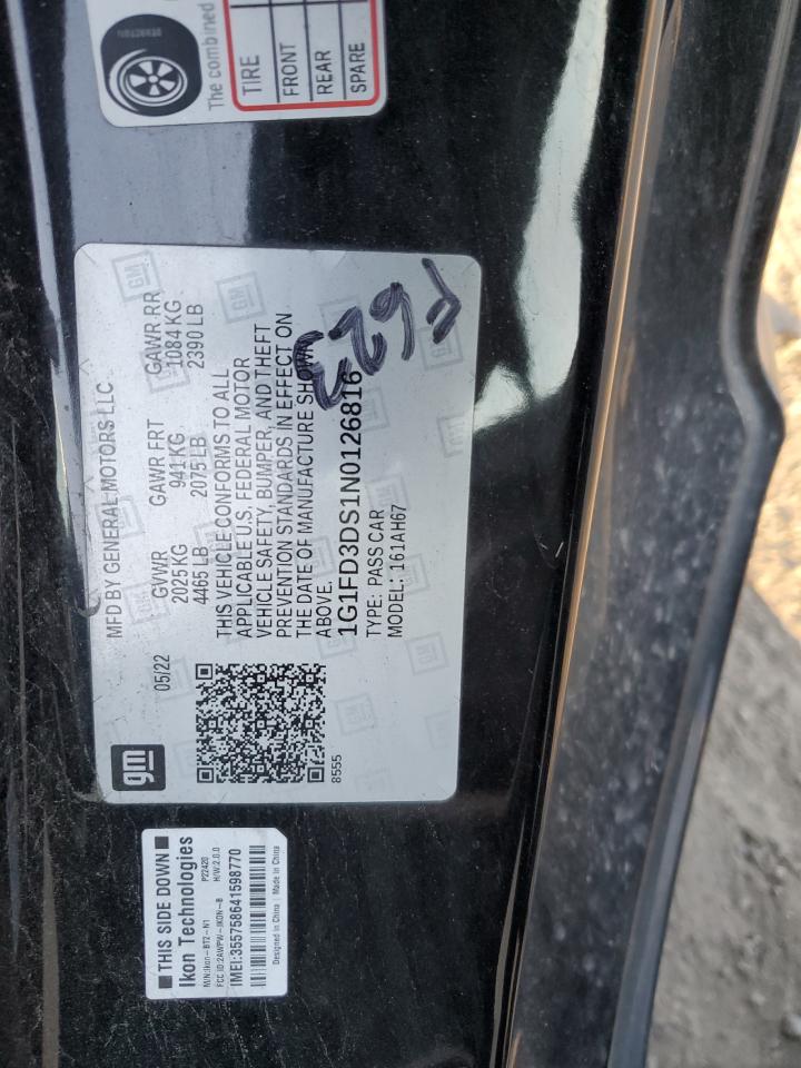 2022 Chevrolet Camaro VIN 1G1FD3DS1N0126816 Copart auction photo, front end / minor dent/scratches damage thumbnail 12