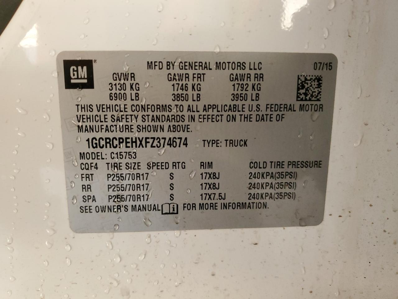 2015 Chevrolet Silverado VIN 1GCRCPEHXFZ374674 Copart auction photo, burn damage thumbnail 12