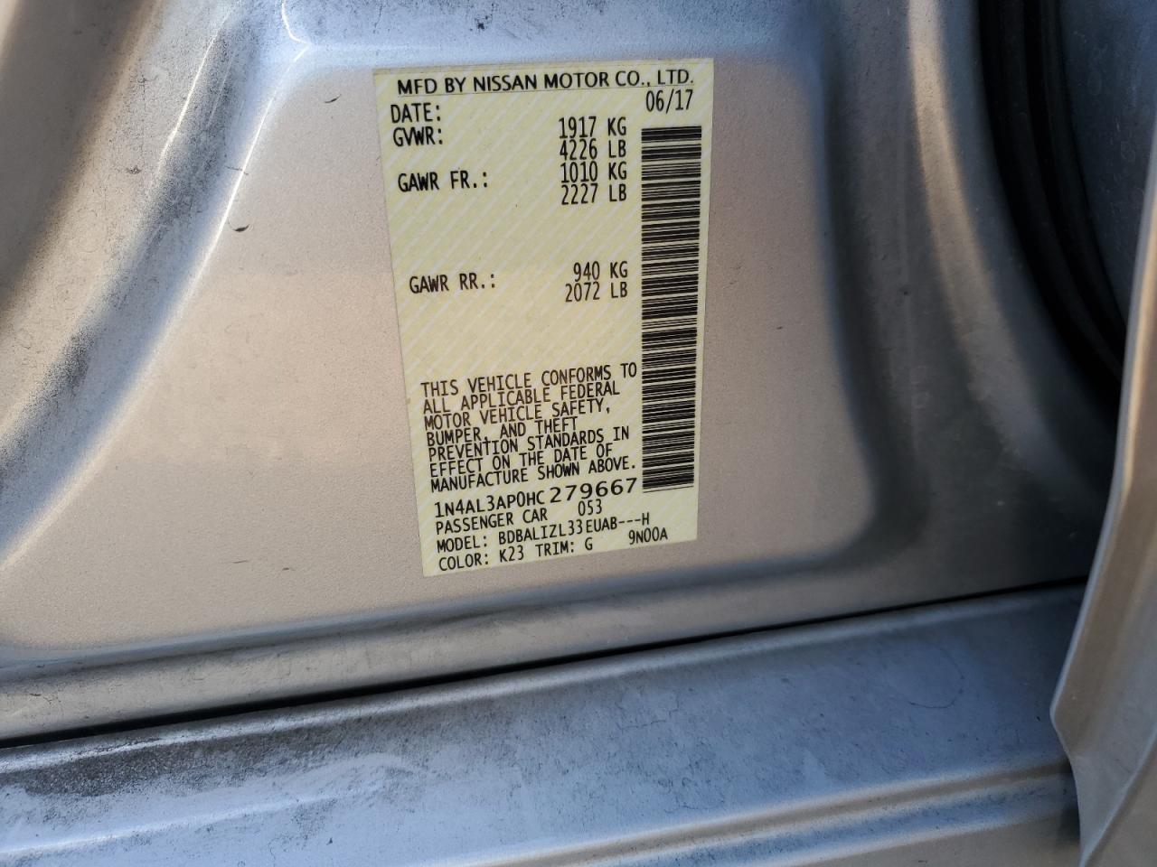 2017 Nissan Altima VIN 1N4AL3AP0HC279667 Copart auction photo, rear end damage thumbnail 12