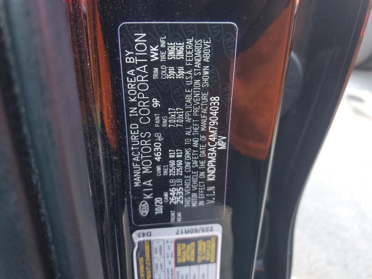 2021 KIA Sportage VIN KNDPM3AC4M7904038 Copart auction photo, side damage thumbnail 15