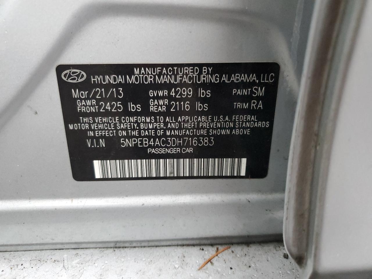 2013 Hyundai Sonata VIN 5NPEB4AC3DH716383 Copart auction photo, minor dent/scratches damage thumbnail 12