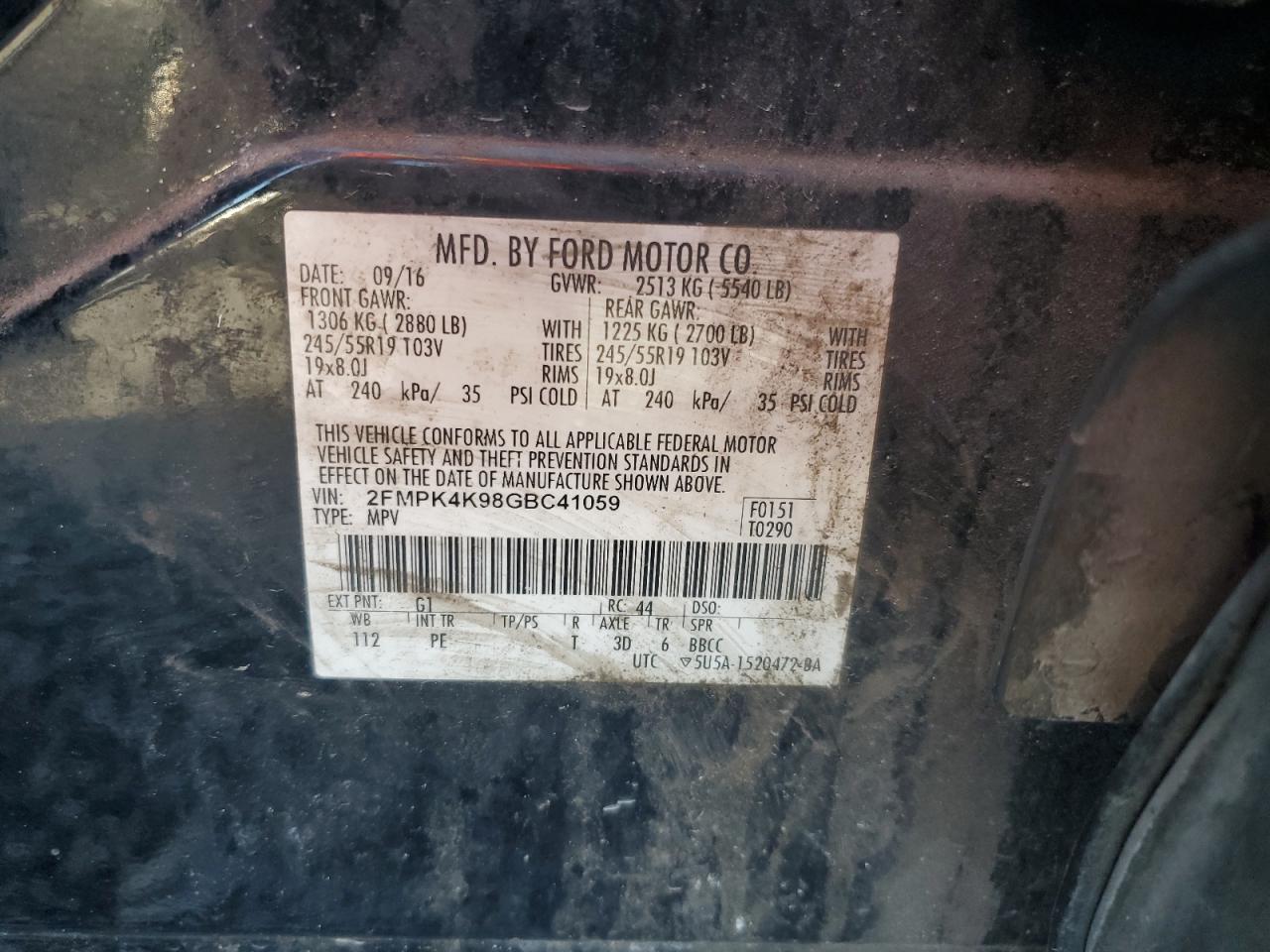 2016 Ford Edge VIN 2FMPK4K98GBC41059 Copart auction photo, water/flood / rear end damage thumbnail 13