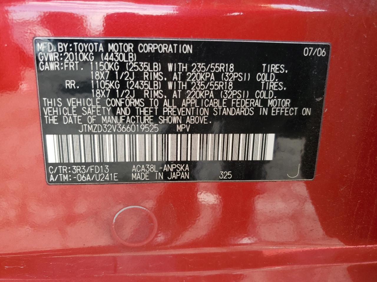 2006 Toyota RAV 4 VIN JTMZD32V366019525 Copart auction photo, rear end damage thumbnail 14