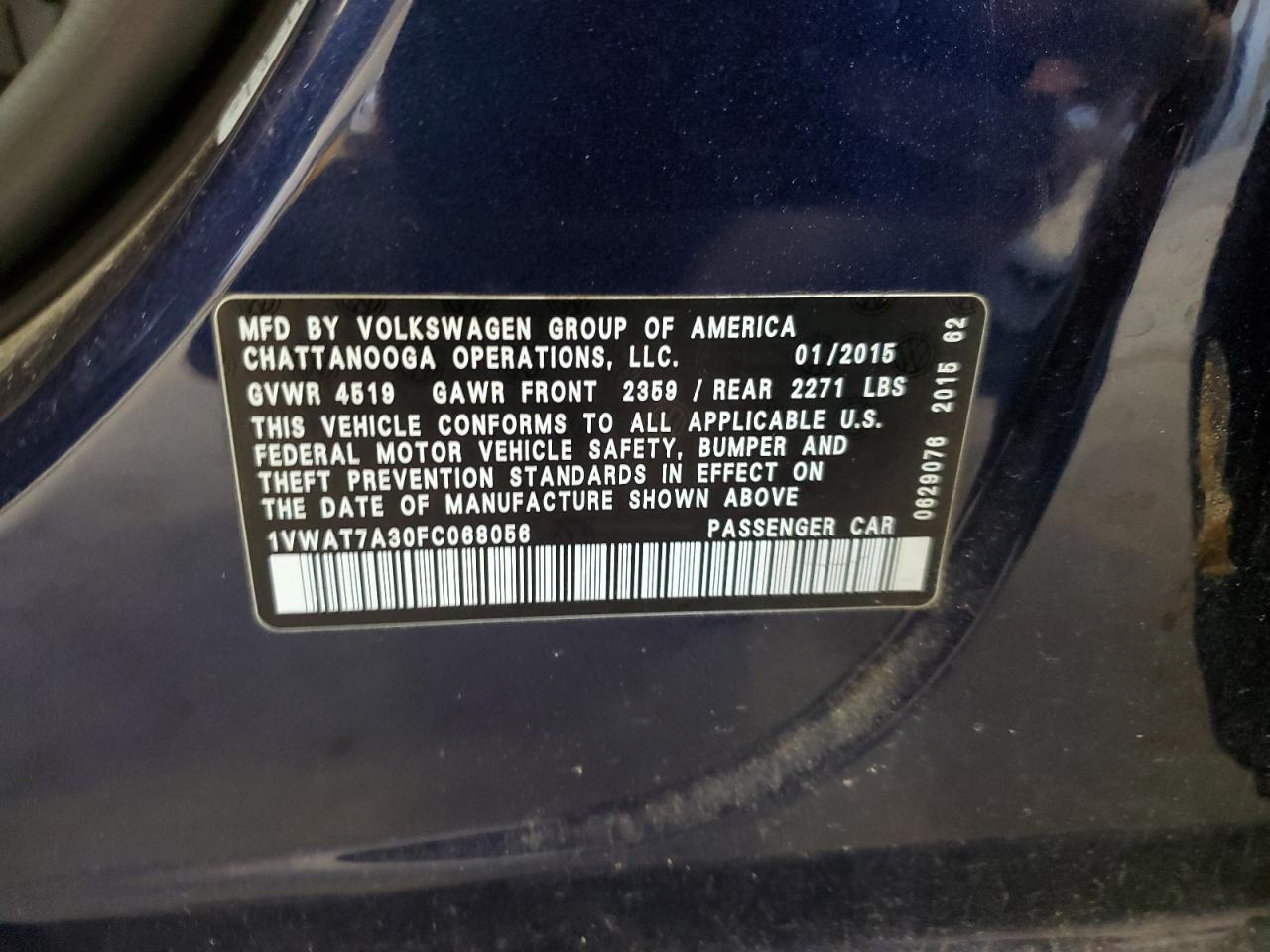 2015 Volkswagen Passat VIN 1VWAT7A30FC068056 Copart auction photo, front end damage thumbnail 13