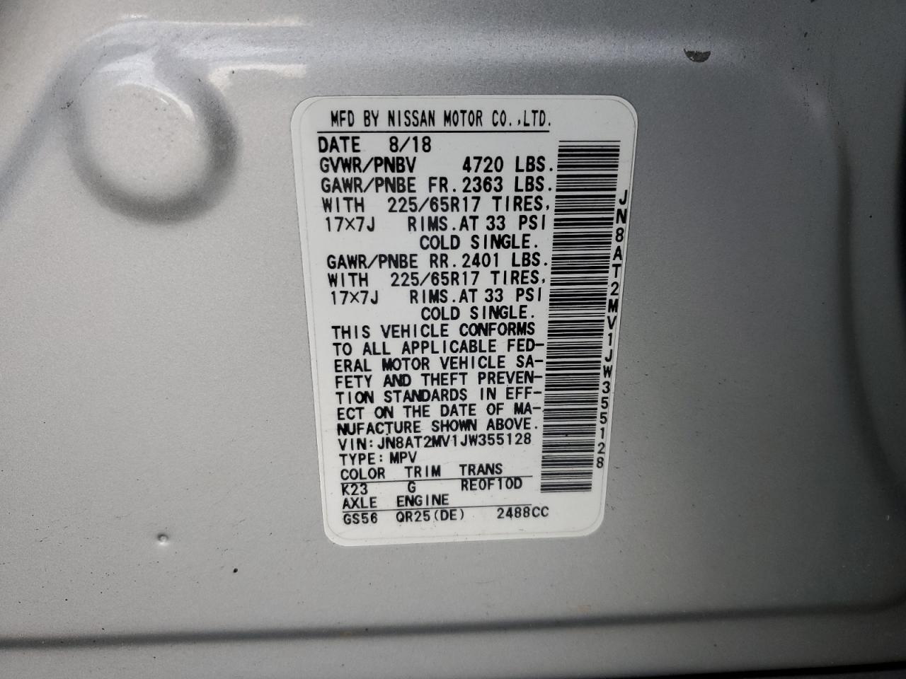 2018 Nissan Rogue VIN JN8AT2MV1JW355128 Copart auction photo, rear end damage thumbnail 15
