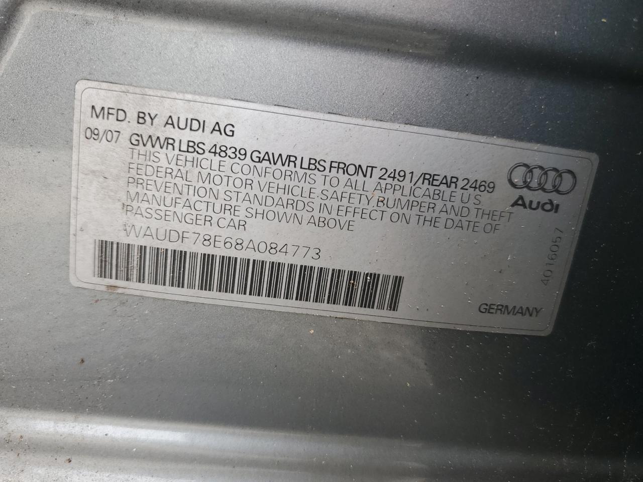 2008 Audi A4 VIN WAUDF78E68A084773 Copart auction photo, water/flood damage thumbnail 12