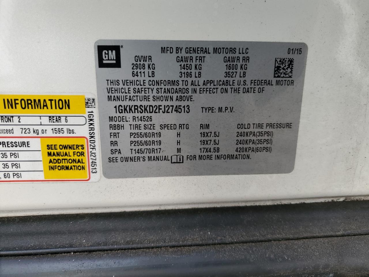2015 GMC Acadia VIN 1GKKRSKD2FJ274513 Copart auction photo, front end / minor dent/scratches damage thumbnail 15