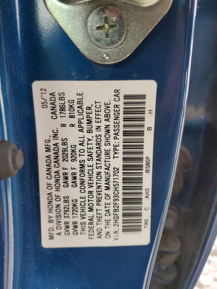 2012 Honda Civic VIN 2HGFB2F93CH571702 Copart auction photo, rear end damage thumbnail 12