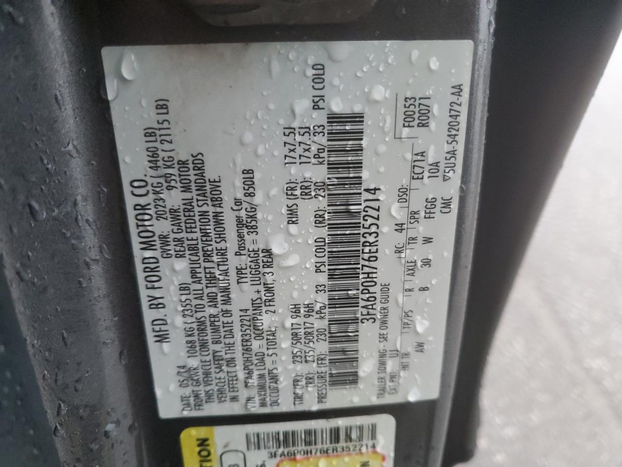 2014 Ford Fusion VIN 3FA6P0H76ER352214 Copart auction photo, rear end / minor dent/scratches damage thumbnail 13