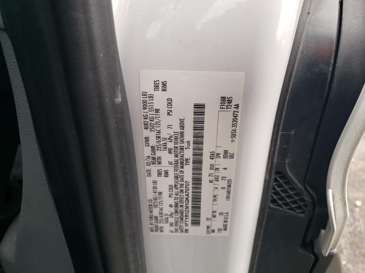 2016 Ford Transit VIN 1FTYR1ZM1GKA70707 Copart auction photo, front end / minor dent/scratches damage thumbnail 13