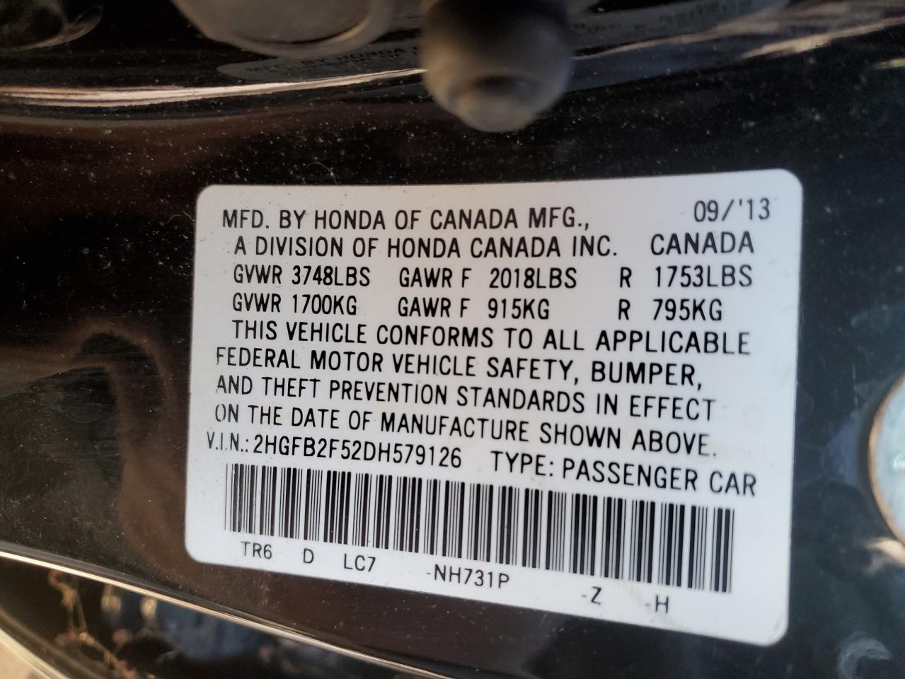 2013 Honda Civic VIN 2HGFB2F52DH579126 Copart auction photo, front end / mechanical damage thumbnail 13