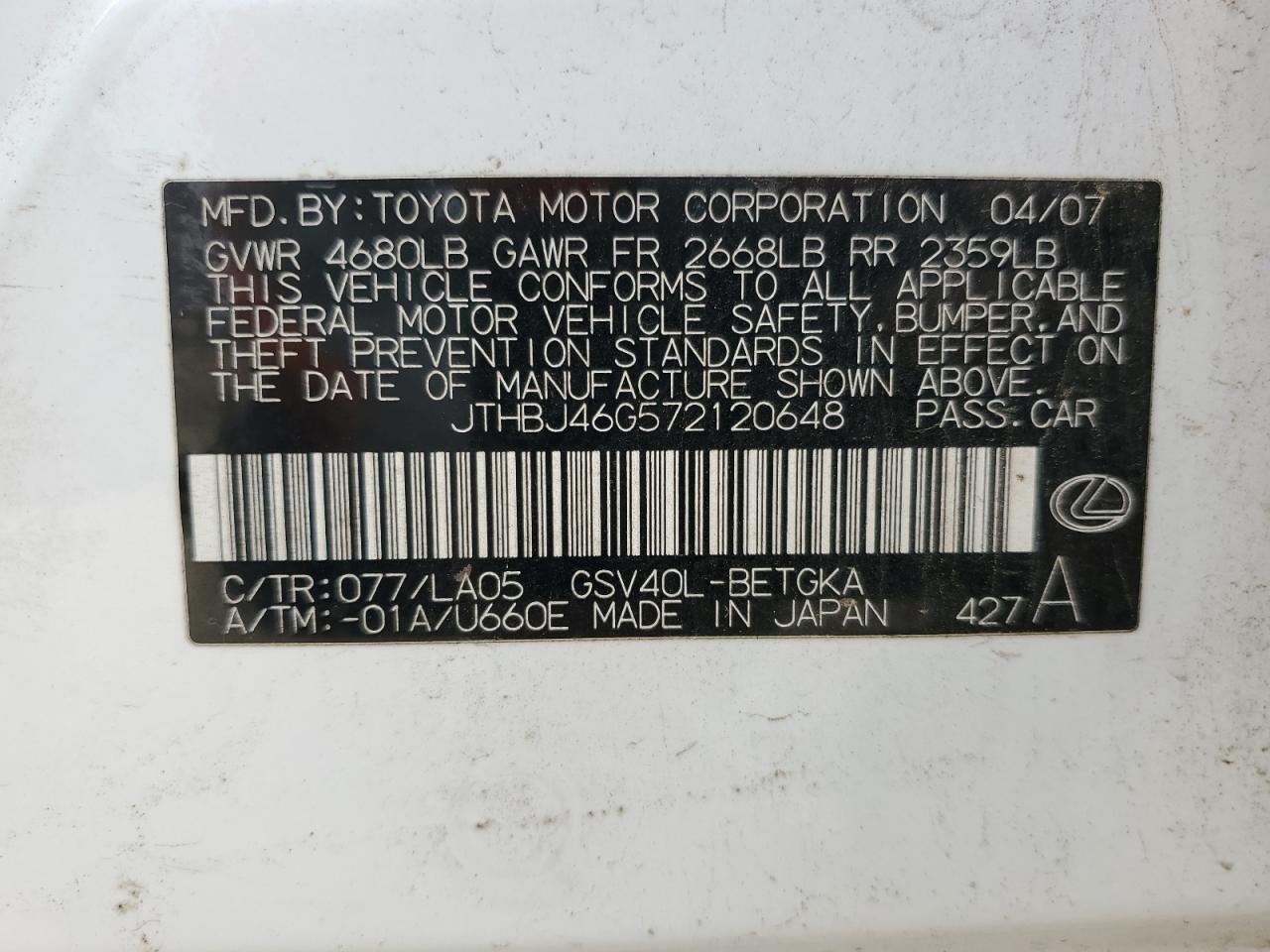 2007 Lexus ES VIN JTHBJ46G572120648 Copart auction photo, all over damage thumbnail 12