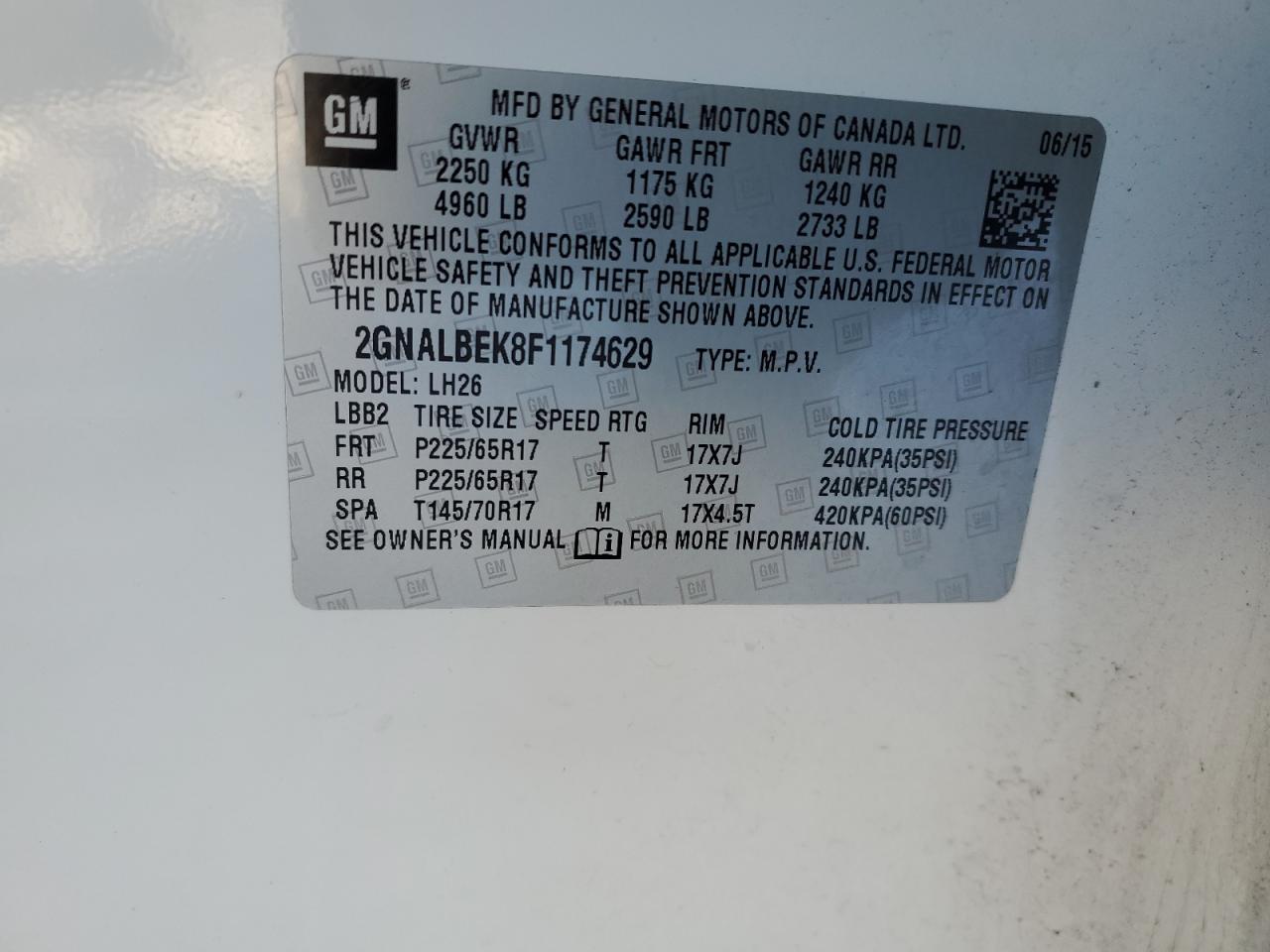 2015 Chevrolet Equinox VIN 2GNALBEK8F1174629 Copart auction photo, side damage thumbnail 13