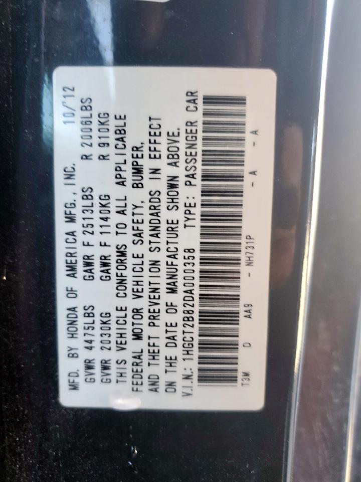2013 Honda Accord VIN 1HGCT2B82DA000358 Copart auction photo, front end / side damage thumbnail 13