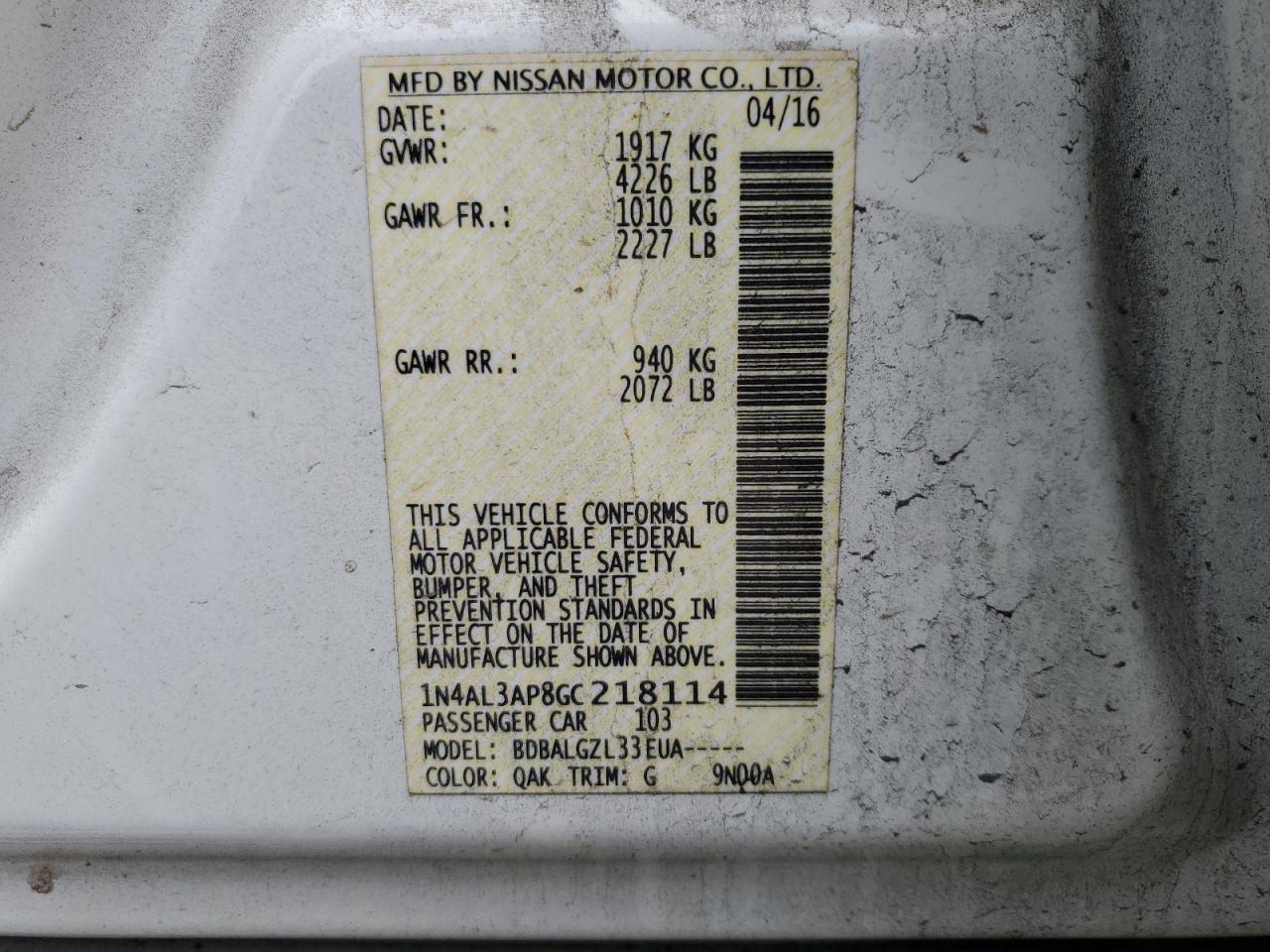2016 Nissan Altima VIN 1N4AL3AP8GC218114 Copart auction photo, side damage thumbnail 12