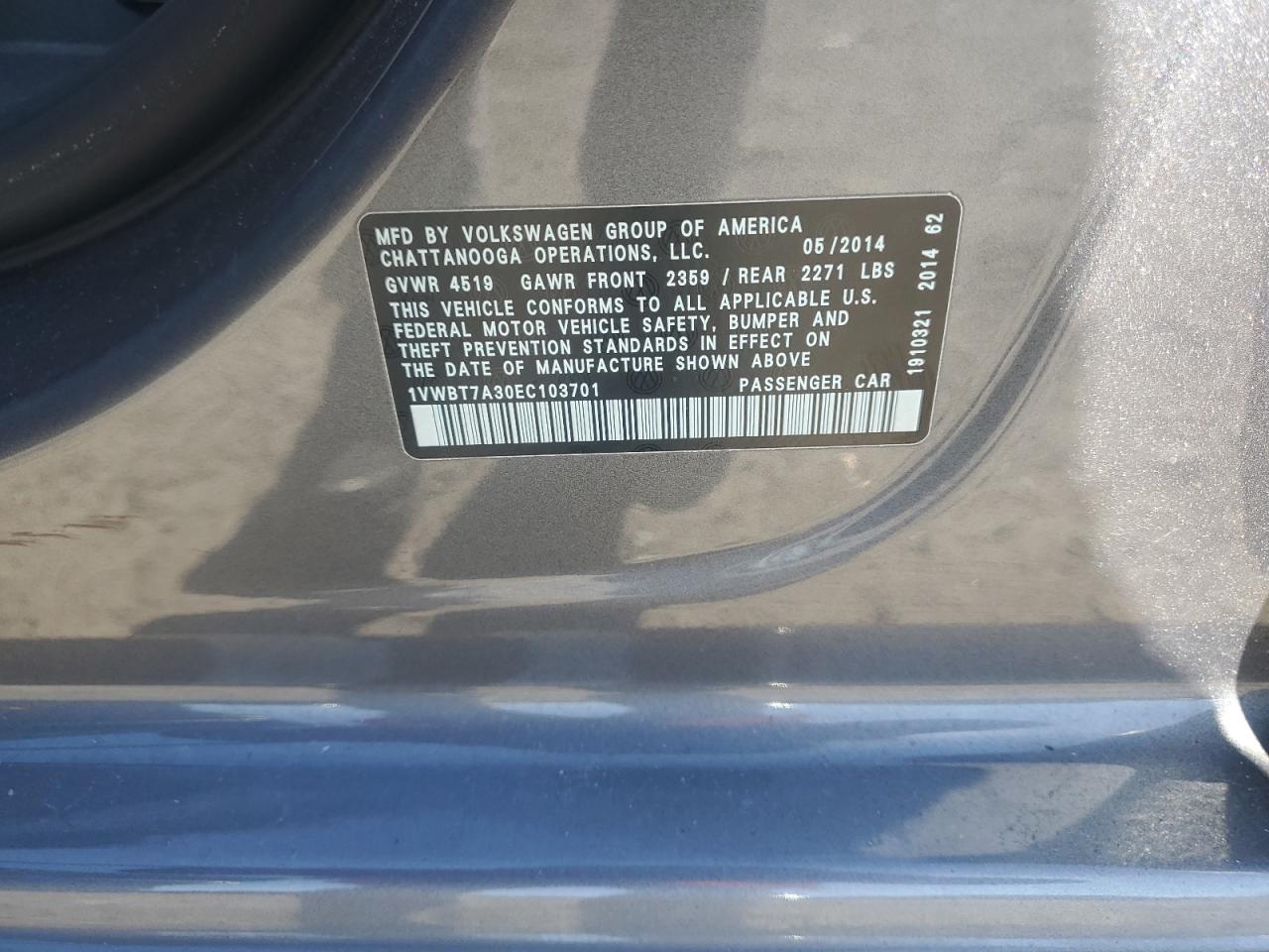 2014 Volkswagen Passat VIN 1VWBT7A30EC103701 Copart auction photo, rear end damage thumbnail 13