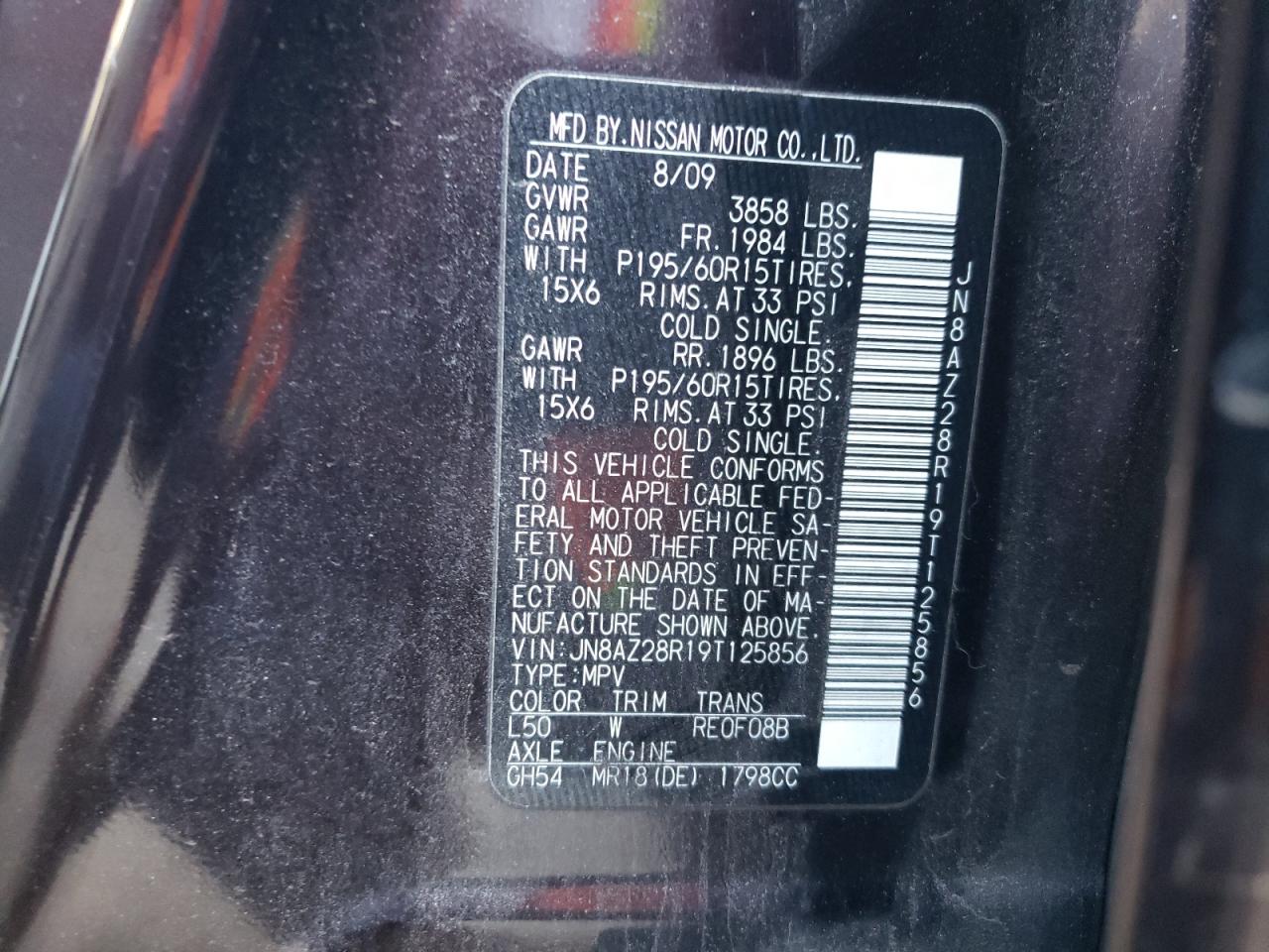 2009 Nissan Cube VIN JN8AZ28R19T125856 Copart auction photo, front end / side damage thumbnail 15