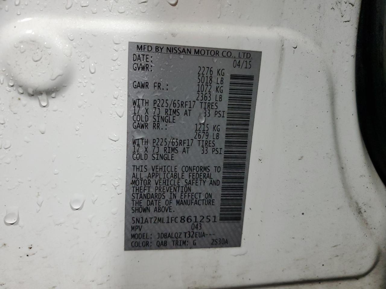 2015 Nissan Rogue VIN 5N1AT2ML1FC861251 Copart auction photo, rear end / front end damage thumbnail 14