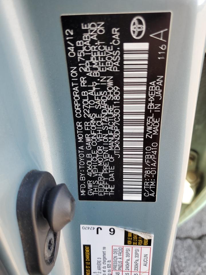2012 Toyota Prius VIN JTDKN3DP7C3011809 Copart auction photo, minor dent/scratches damage thumbnail 12