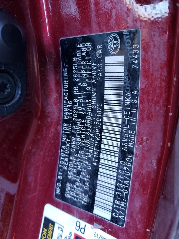 2017 Toyota Camry VIN 4T1BF1FK9HU701075 Copart auction photo, rear end damage thumbnail 12