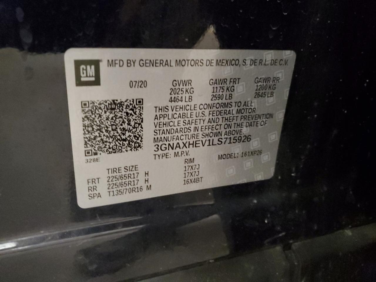 2020 Chevrolet Equinox VIN 3GNAXHEV1LS715926 Copart auction photo, front end damage thumbnail 12